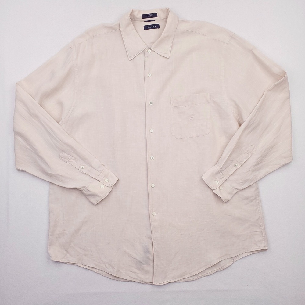 Nautica Shirt Mens XXL Beige Linen Button Up Relaxed Fit Outdoor Beach Cruise